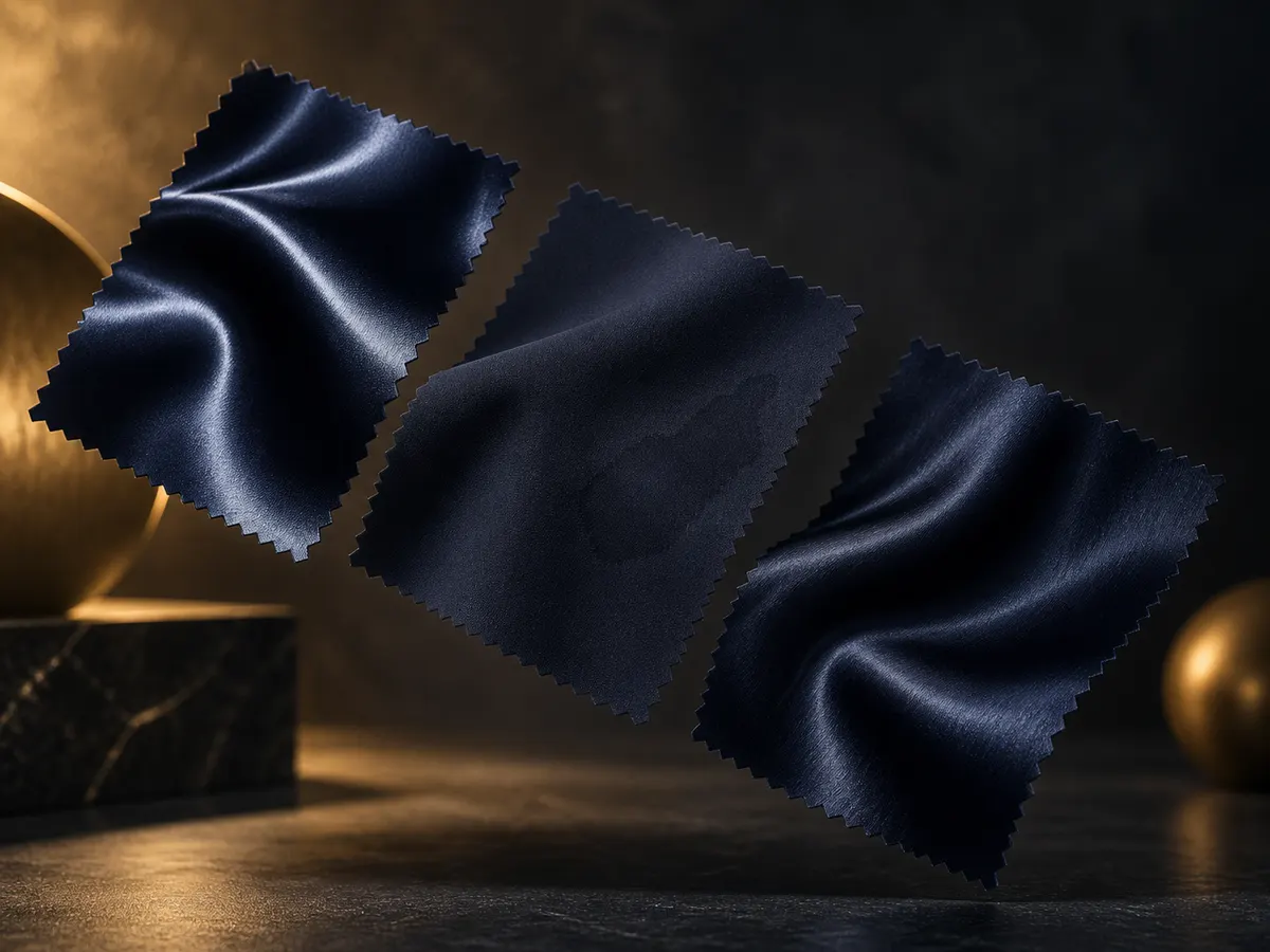 Three navy satin swatches showing different levels of sheen and surface character