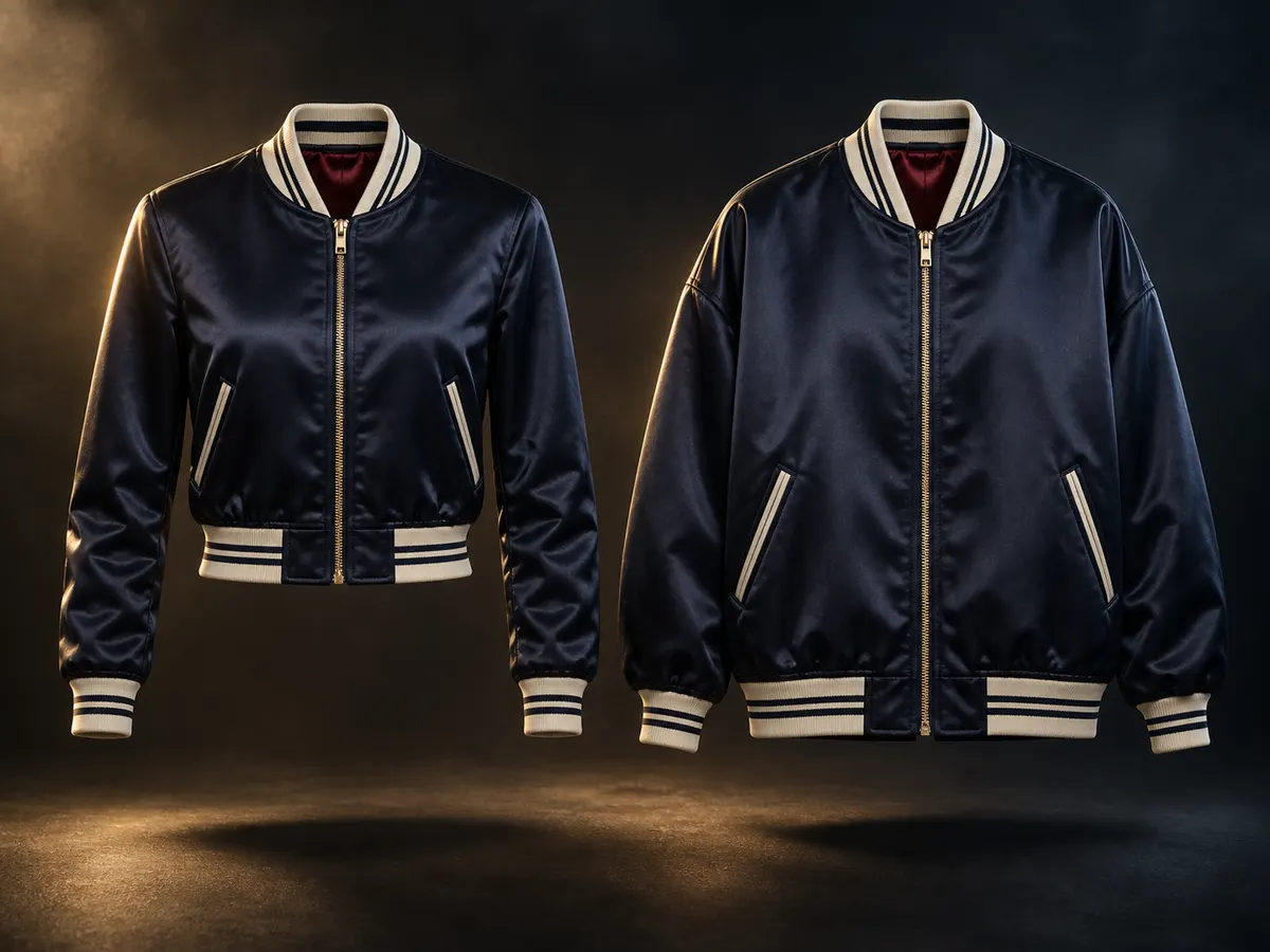Slim and boxy navy satin bomber silhouettes compared side by side