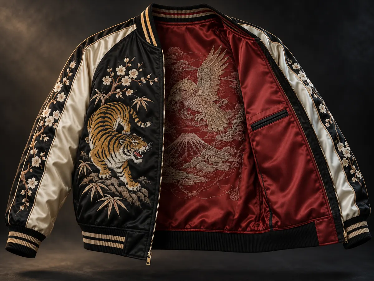 Open sukajan interior with red satin lining, bound seams and tidy embroidery backing