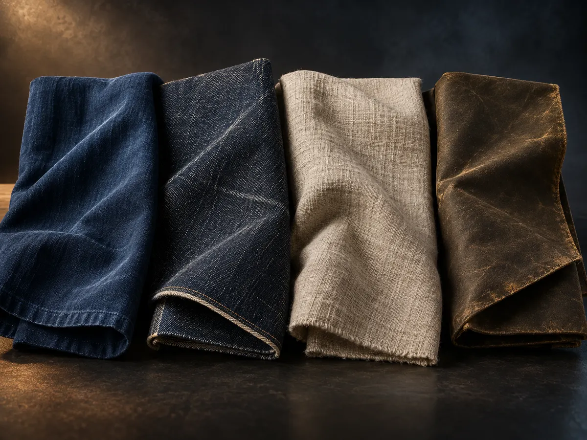 Indigo cotton, raw denim, linen and waxed canvas swatches showing natural ageing
