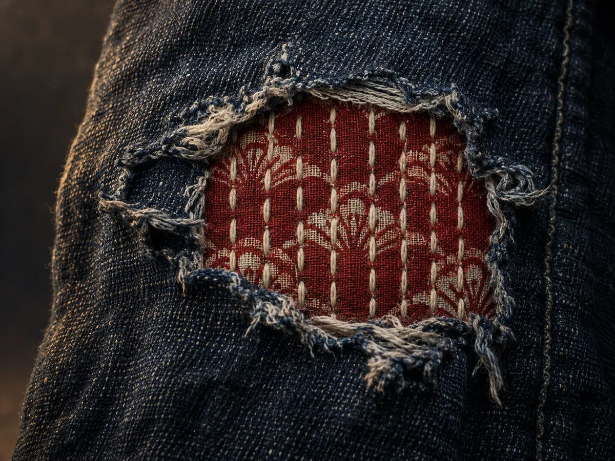 Visible sashiko repair securing a patch behind a frayed hole in indigo cotton